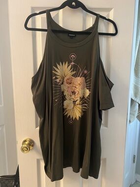 torrid olive cold-shoulder floral graphic tank with blush accents